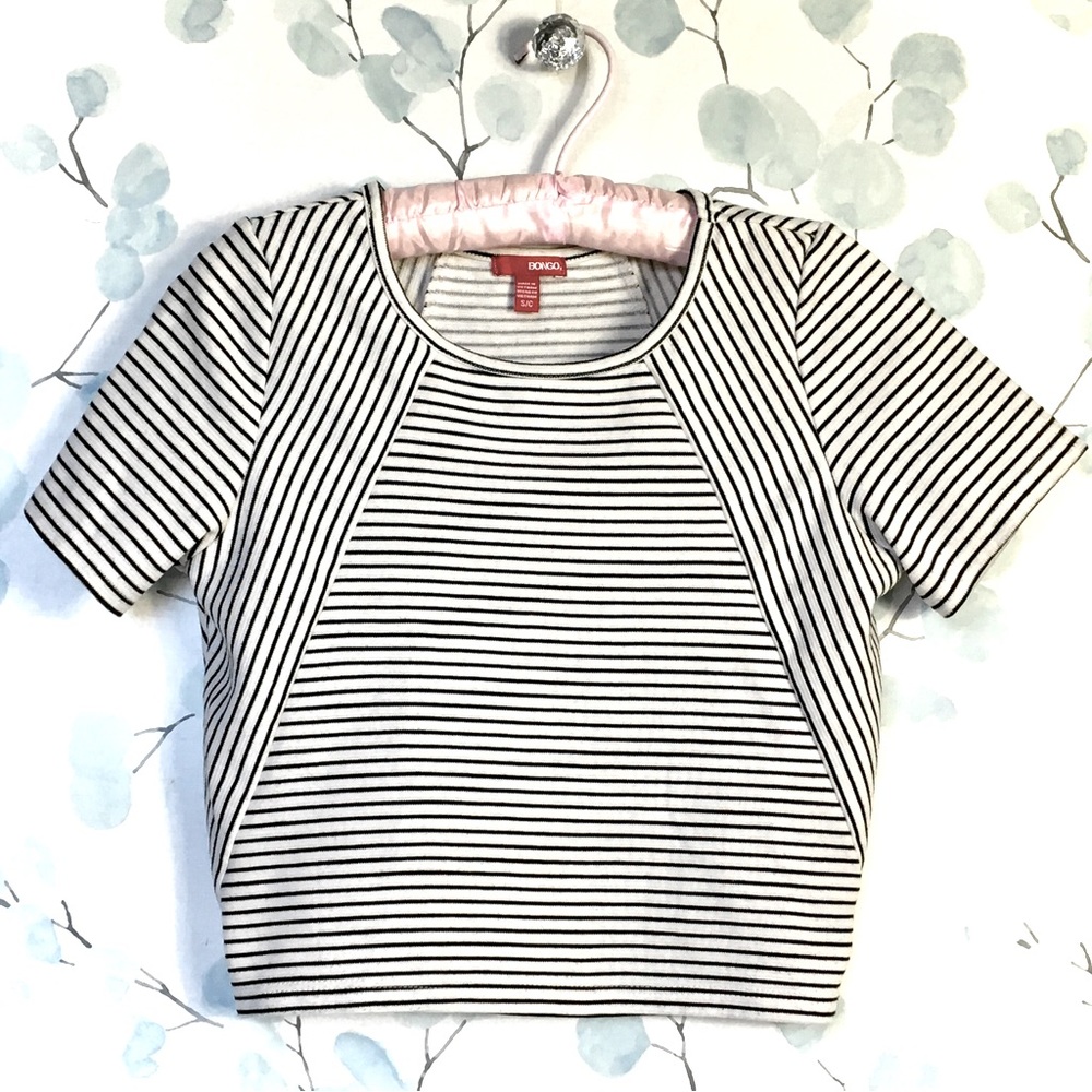 Bongo Juniors Black & White Stripe Crop Top Crew Neck Short Sleeved Shirt